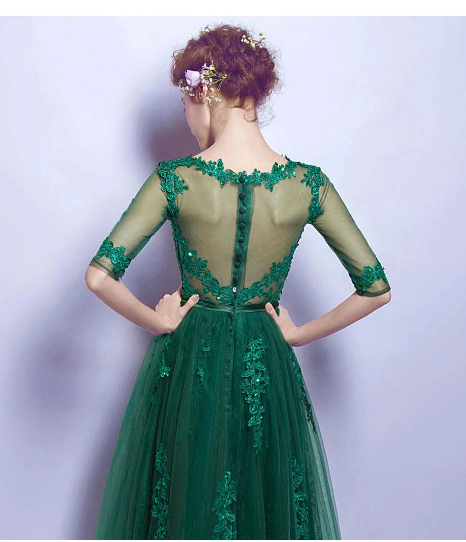 Vestido de baile verde escuro TEMPO LIMPE DE TULLE LACE PROM VEDORES DO NOVIMENTE VIDOS DE NOITE ZIPPER sem mangas com botões de volta 2018 Nova chegada 7397781