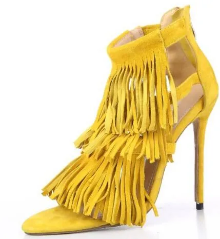 2018 Estilo Verão Tassel camurça mulheres sandálias franja de salto alto para trás zip vestido de festa sapatos para mulheres e menina cinza bombas amarelas