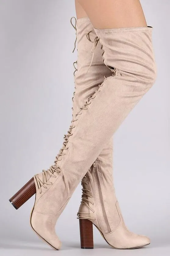 Bottines hautes au dessus du genou pour femmes, chaussures de soirée à bout ouvert, talon fin, bottes à lacets, couleur beige, cuissardes longues, à la mode, 2018