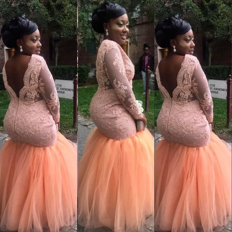 Sexy Plus Size Prom Dresses Scoop Neckline Lace Applique Long Sleeve Backless Party Dress 2K18 Black Girl Fluffy Tulle Mermaid Prom Dresses