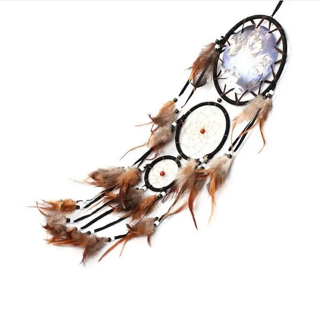 Nieuwe handgemaakte Dreamcatcher Wind Chimes Wolf Patroon Veer Hanger Dream Catcher Hanging Gift Woondecoratie Ornament GA127