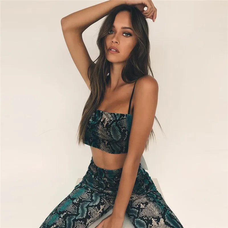 New european fashion women's sexy snake print spaghetti strap crop top vest and flare long pants twinset SML