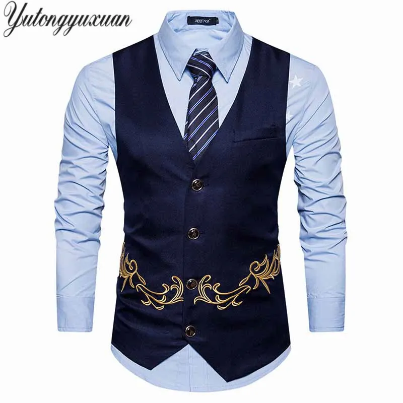 Män kostym väst guld print gilet homme kostym 2018 ny smal passform män väst colete casual business bröllop mens klänning västar