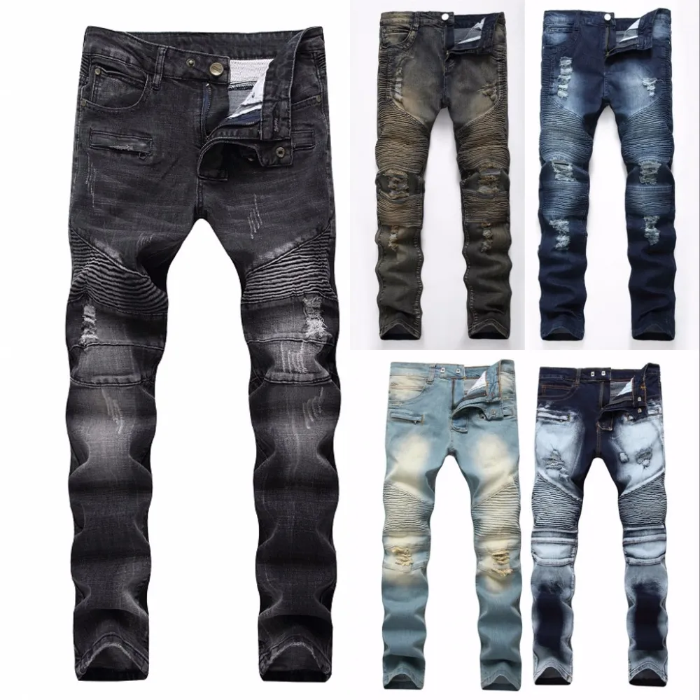 2018 Mode Hip Hop Patch Hommes Rétro Jeans Genou Rap Trou Zippé Biker Jeans Hommes Lâche Mince Détruit Déchiré Déchiré Denim Homme