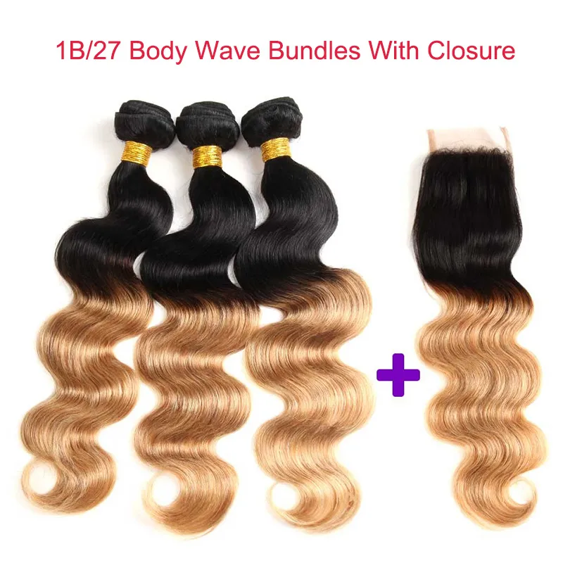 Ombre Body Wave T1B / 27 # Ciemny Korzeń Miód Blond Blondynki Human Włosów z koronki Zamknięcie Kolorowe Brazylijskie Włosy Splot Z Zamknięciem