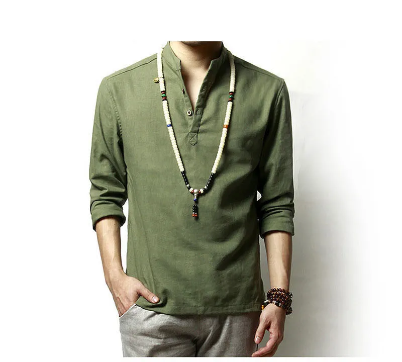 Verão Mens Linho de Algodão Verde Khaki Camisa Misturada Mandarim Collar Respirável Comfy Tradicional Chinesa Estilo Popover Henley Camisas para homens