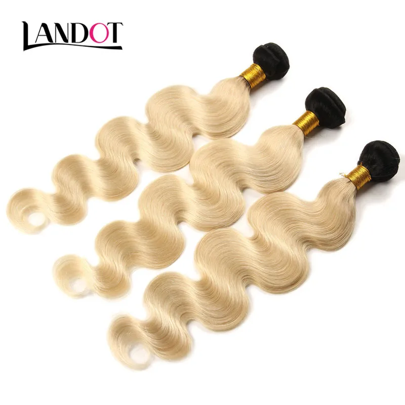 9A Ombre 1b / 613 Bleach Blonde 13x4 Kant Frontale Sluiting met 3 Bundels Braziliaanse Peruaanse Maleisische Indiase Body Wave Virgin Menselijk Haar Weave