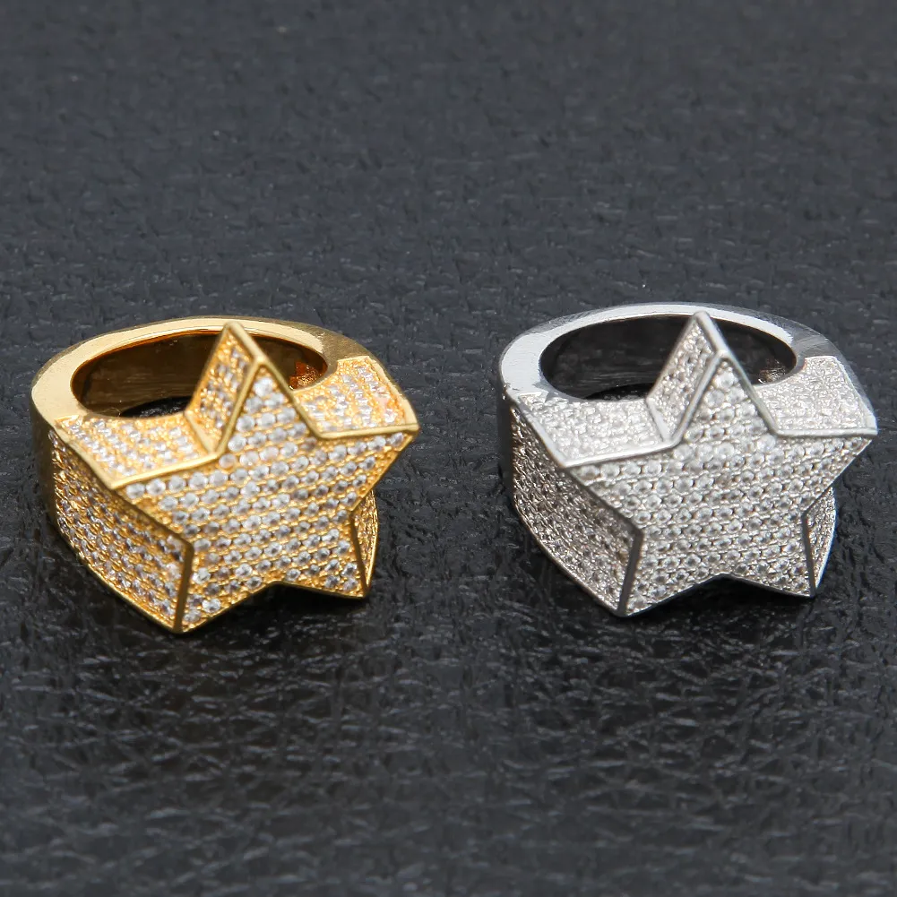 Мужское модное кольцо с медным золотым покрытием, преувеличенное высокое качество, обледенелое кольцо с фианитом, кольцо в форме звезды, ювелирные изделия