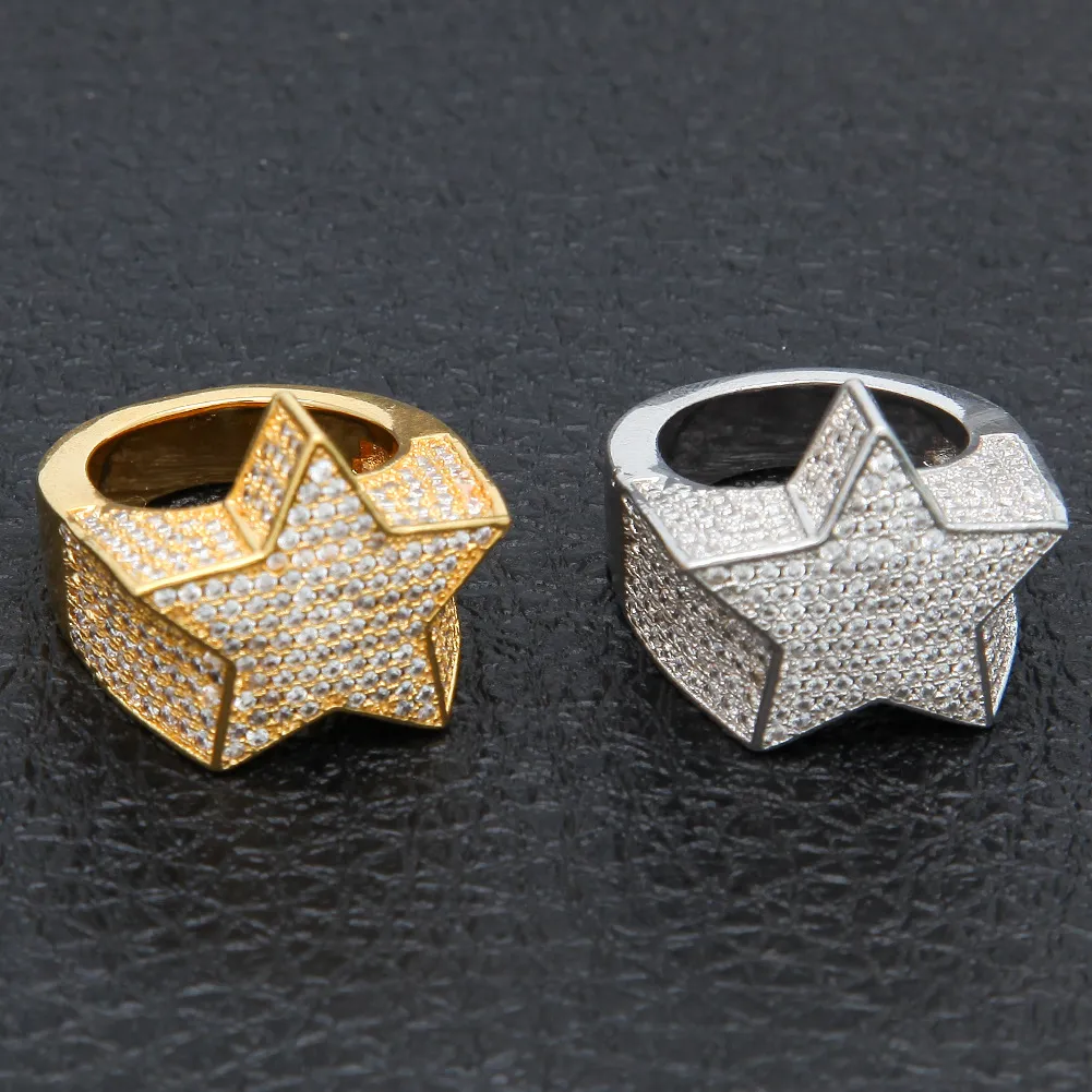 Herenmode Koper Goudkleurige Ring Overdrijven Hoge Kwaliteit Iced Out Cz Stone Star Shape Ring Sieraden