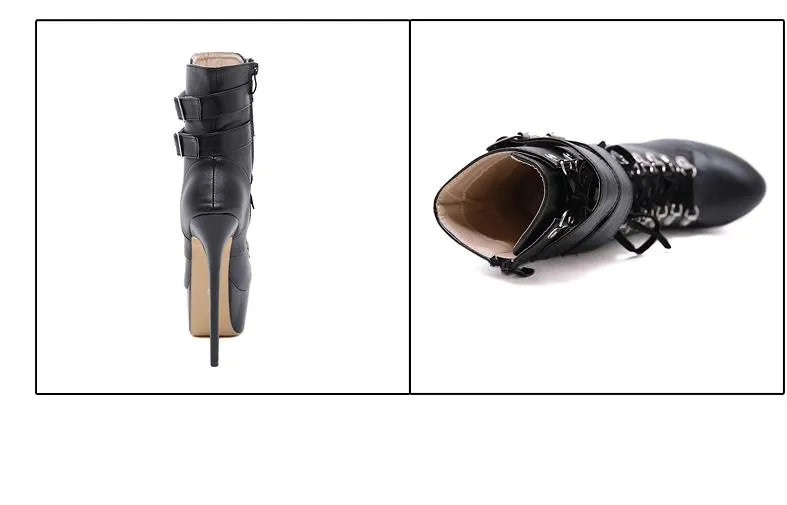 16cm Kvinnor Lace Up Ankel Boots Super Platform High Heels Skor Svart PU Läder Designer Stövlar Storlek 35 till 40