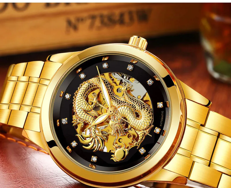 wengle 2018 POLOBOSS moda lujo automático Hollow Commerce impermeable Luminous Dragon diamond inoxidable mecánico marca reloj de hombre