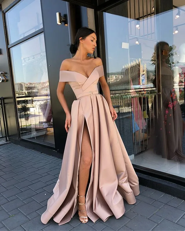 Sweetheart Off Shoulder Satin Vestidos de noche Long A-Line Leg Slit Evening Party Vestidos Simple Sweetheart Off Shoulder Satin Vestidos de noche Long A-Line Leg Slit Evening Party Vestidos Simple
