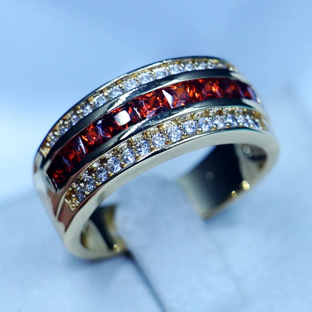 3 Cores Rodada Masculino Anel de Banda Garnet 5A Zircon pedra partido anel de banda de casamento para Homens Ouro Amarelo cheio de moda Jóias