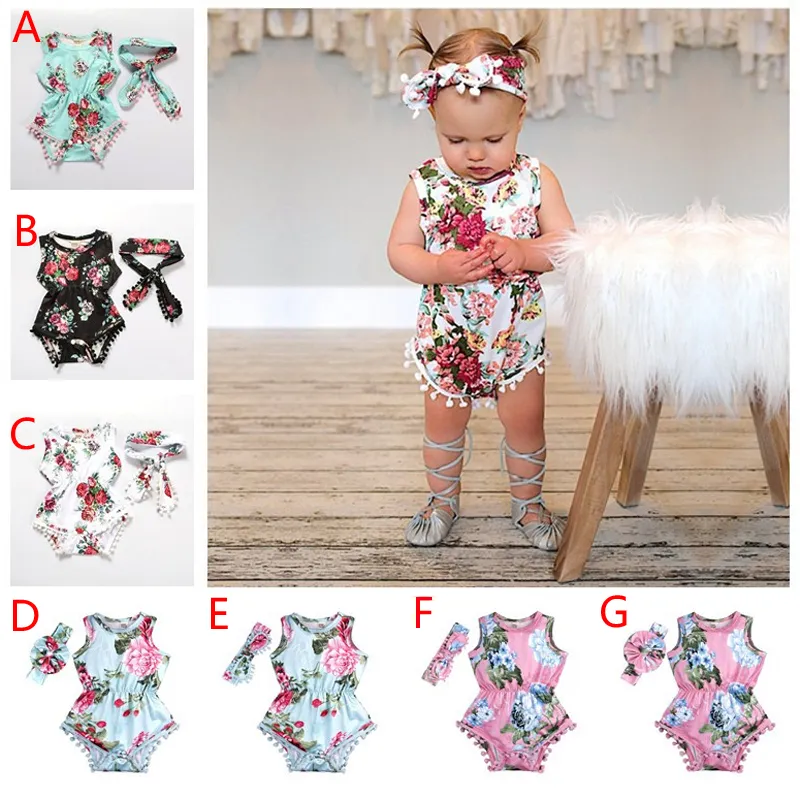 7 stilar sommar baby flicka rompers vacker blomma tofs romer + huvudband 2pcs baby tjejer kläder blommiga jumpsuits barn flicka jumpsuit outfits