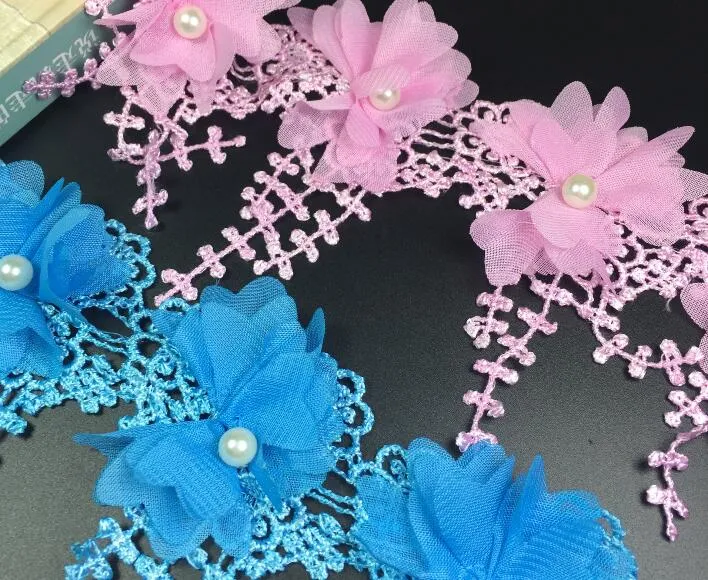 15Gar Pearl Bead Flower Chiffion Lace Fabric Trim Ribbon för Apparel Sewing DIY Doll Cap Hair Clip