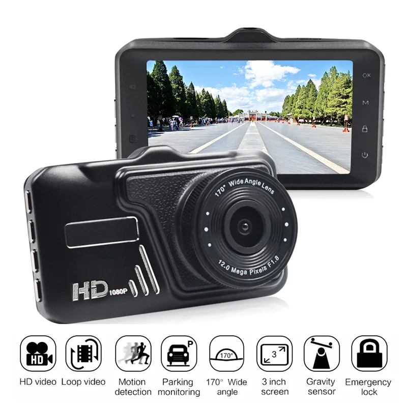 Novelty Car DVR Driving Camera Dash Cam Recorder 3 tums skärm Full HD 1080P 170 grader Loop Recording G-sensor Rörelse Detektera Parkeringskärm