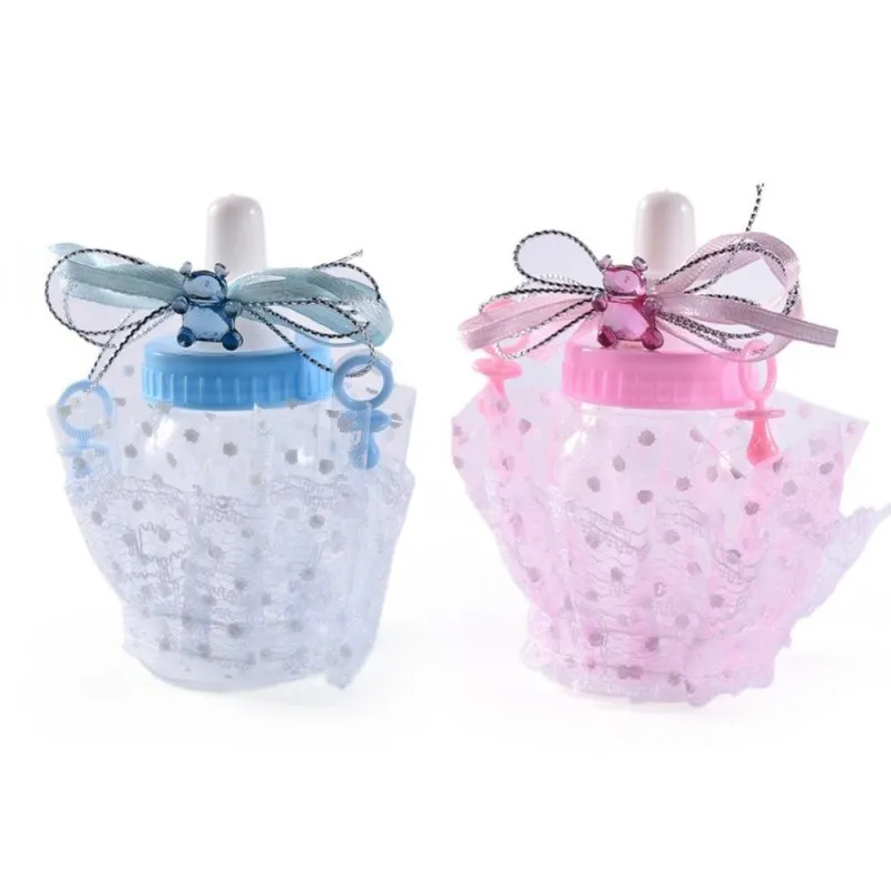 Cute Baby Shower Feeding Bottle Candy Box Christening Gift Bear Blue Boy Pink Girl Decorations Party Supplies