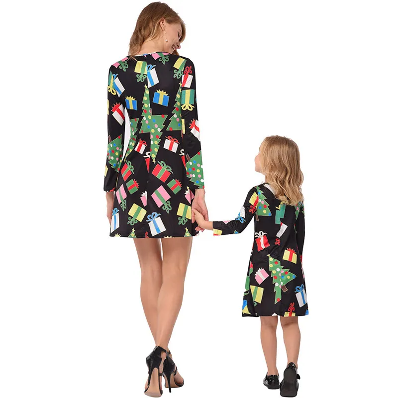 Popular Christmas Kids Clothing Dresses Family Matching Outfits 2018 Printing Long Sleeve Matching Clothes Mom And Daughter Dress8638508