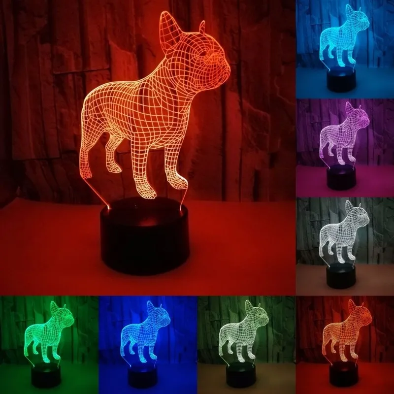Bouledogue français 3D LED veilleuse 7 couleurs USB hologramme décor lampe Table bureau lumières fête d'anniversaire cadeau pour enfants amis