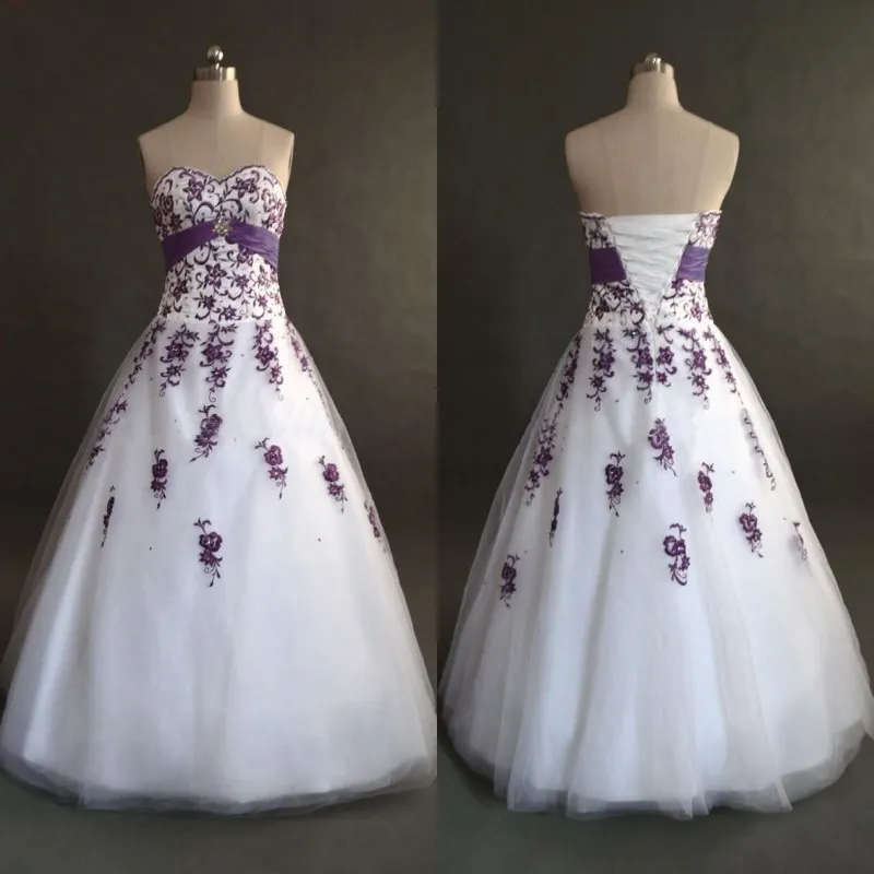Save Big on Bulk White Wedding Dress Purple Embroidery Sweetheart Neckline  Bridal Gowns: White Purple A Line Wedding Dress Exquisite Embroidery,