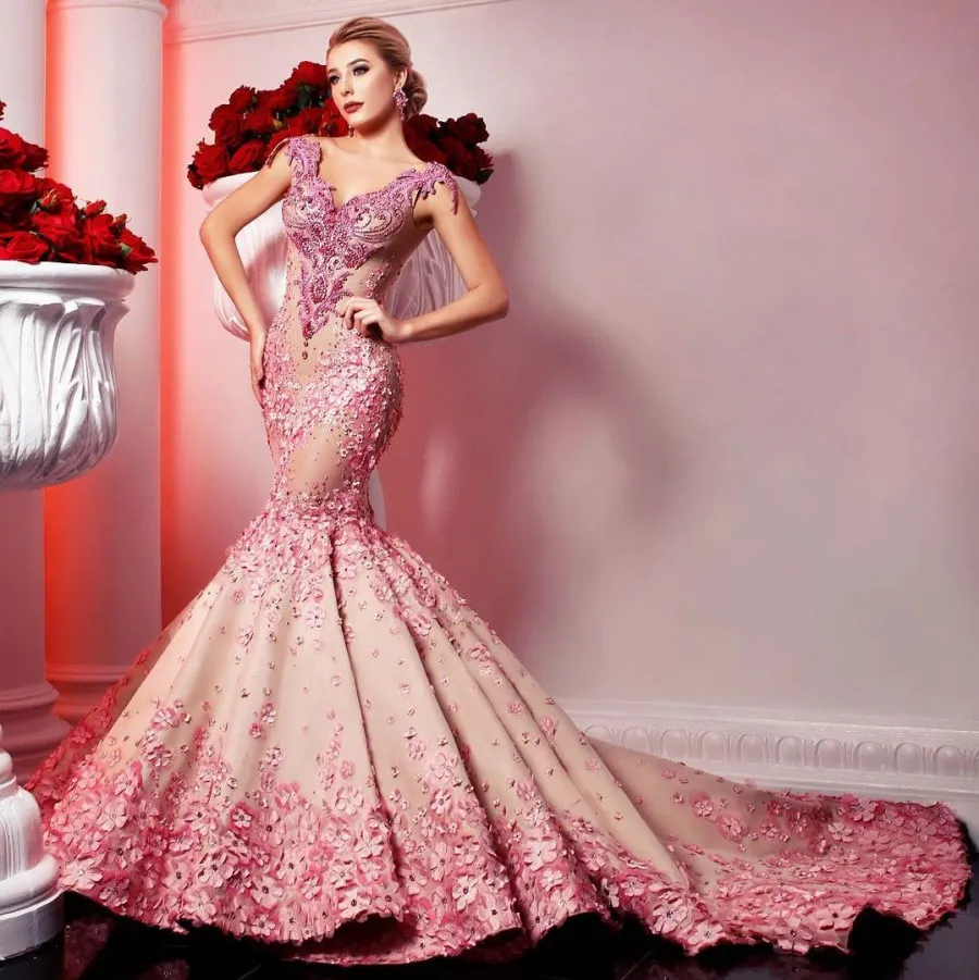 2019 Vestidos de noche modestos de sirena con cuentas Cuello en V Apliques en 3D Vestidos de fiesta con lentejuelas Sin espalda Tren de barrido Vestido formal de talla grande