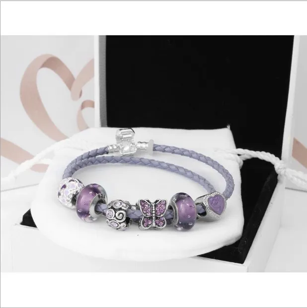 Perlina di fascino viola in argento sterling 925 adatta braccialetti europei Pandora gioielli da donna con catena in vera pelle a doppio strato