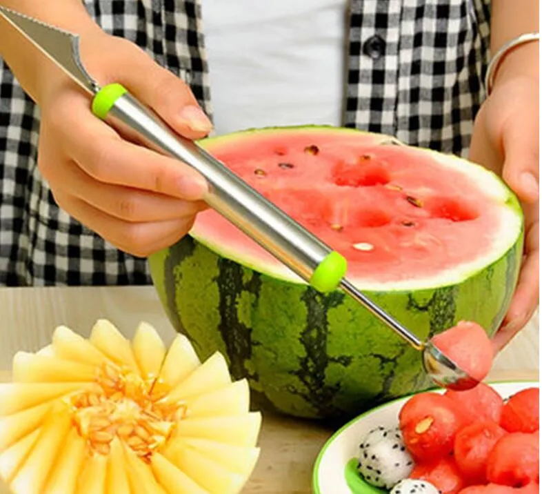 Multi-functie roestvrij staal fruit watermeloen meloen baller snijwerk mes ijs scoop lepel bruikbare keuken