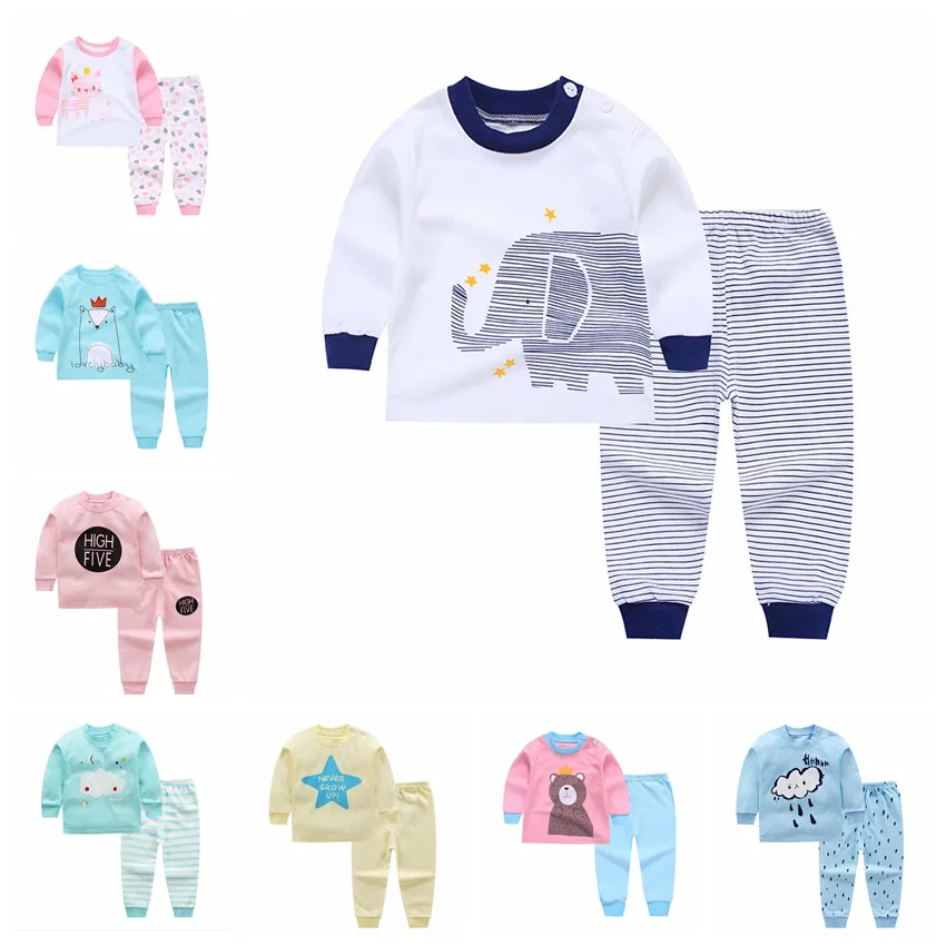 6 zestawów Baby Pajamas Zestawy Bawełniane Drukowanie Kostiumy Kostiumy Bodernowe Niemowlę Casual Z Długim Rękawem T-Shirt + Spodnie Noworodki Odzież q01