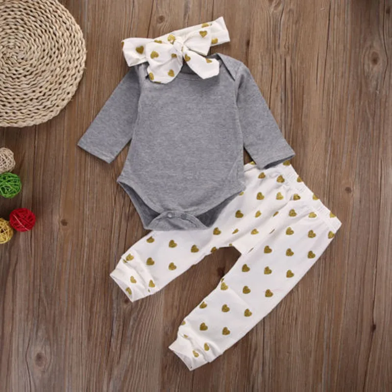 Söt nyfödda spädbarn Baby Girls Kläder T-shirt Toppar + Byxor Leggings + Headband Outfits Set Baby Romper kostym högsta kvalitet