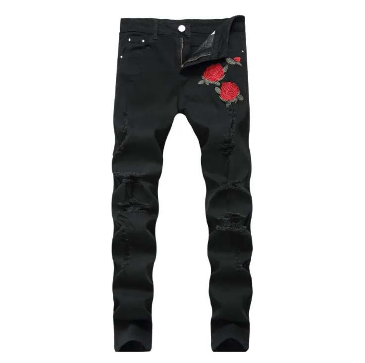 Rose Broderi Jeans Hög kvalitet Mode Blå Svart Ripped Man Tide Slim Pants