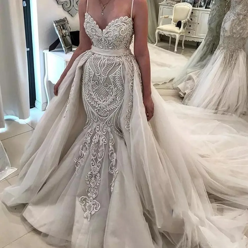Nnovia Vestidos De Mermaid Wedding Dresses with Detachable Train Full Lace Sexy Spaghetti Sweetheart Neck Bridal Gowns tachable