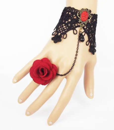 Hot estilo Gothic rose pulseira de renda com anel banda pulso banda integral palácio inteiro bola ornamento moda clássica delicada elegância
