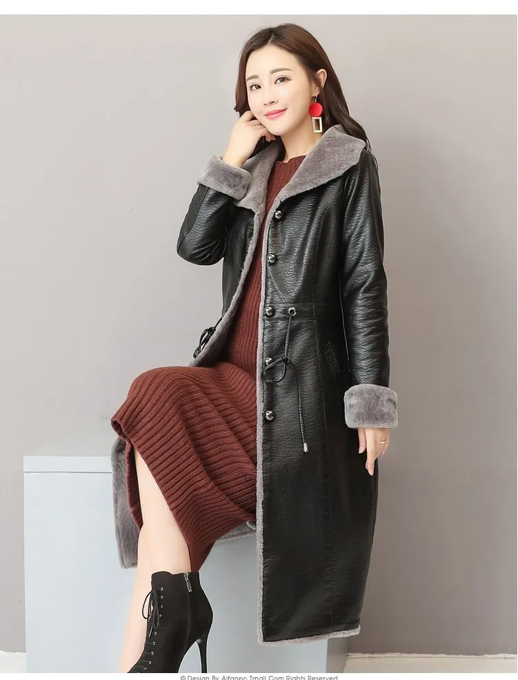 Femmes Hiver Cuir Fourrure Veste Femme Manteaux Long Trench