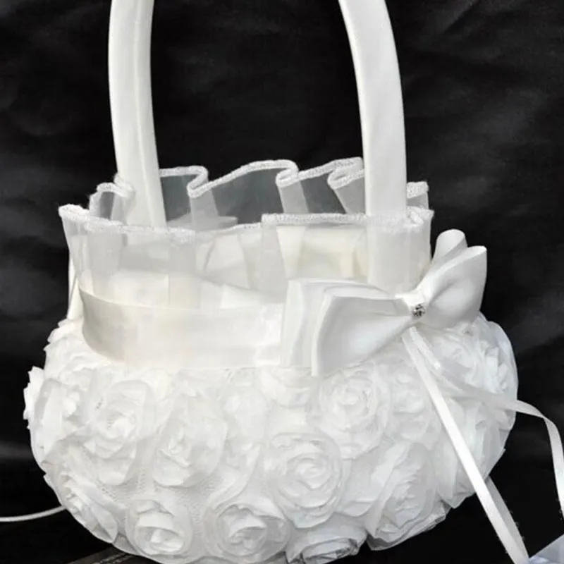 Cérémonie de mariage Party Love Case Satin Bowknot Rose Flower Girl Basket