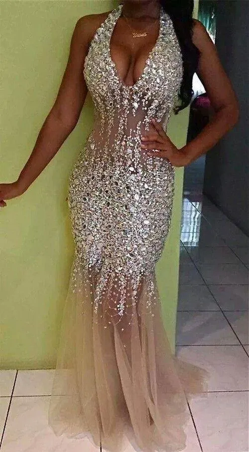 2017 Sexy Bling Mermaid Prom Jurken Diepe V-hals Halter Crystal Beaded Tulle Bekijk door backless naakt avondjurken Pageant Jurken