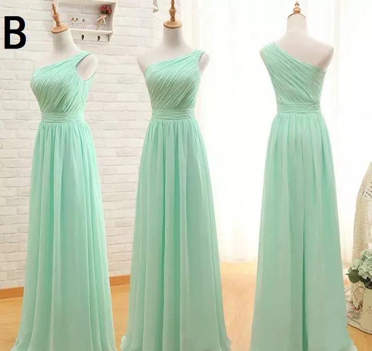 Neue 3 Stile Mintgrünes langes Chiffon-Brautjungfernkleid Günstige A-Linie-Plissee-Bodenlänge Brautjungfernkleider unter 100