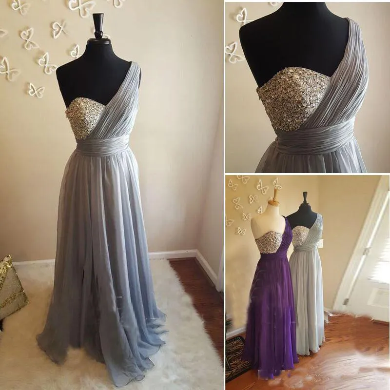 Flowy Purple One Shoulder bridesmaid Dress fabrics with Crystal Beading and Pleated Chiffon - Floor Length Wedding Guest and Maid of Honor Dress in
