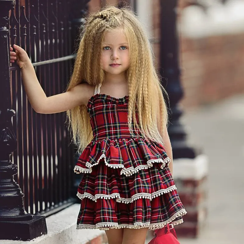 Boutique Kids Clothing Summer Baby Girls Clothes Lace Plaid Ruffle Layered Dresses Sleeveless Sundress Cute Princess Party Kids Dress 6M-5T