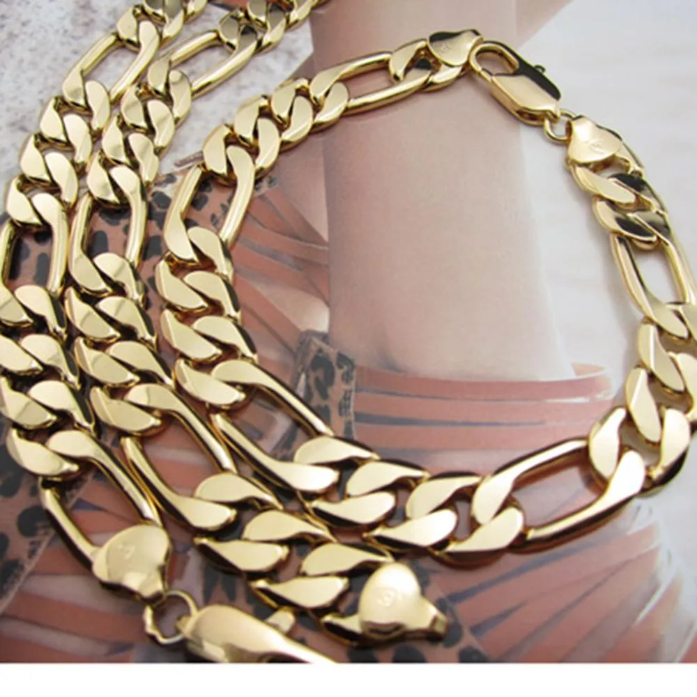 Set di braccialetti collana da uomo Catena pesante solida in oro giallo 18k riempito con catena a maglie Figaro da 12 mm Set di gioielli da uomo 23 6 8 6 235j
