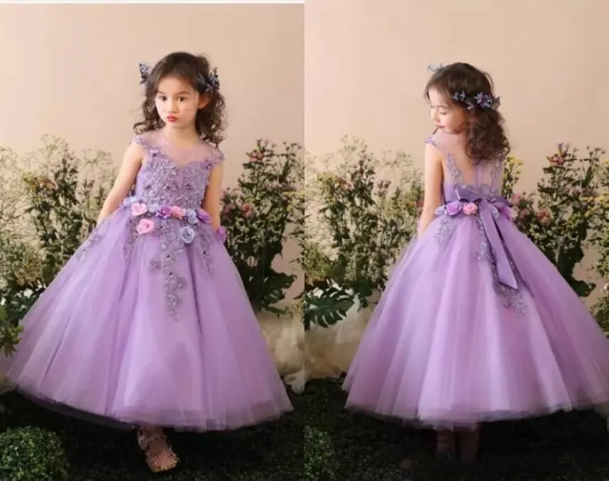 Robes de filles à fleurs avec nœud violet, robe de bal, longueur cheville, en Tulle à fleurs faites à la main, avec des appliques mignonnes, vêtements de cérémonie pour enfants