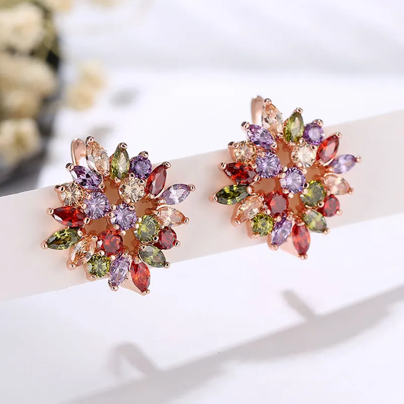 Vecalon nouveau Style de fleur multi couleurs 5A Zircon Cz or Rose rempli collier boucle d'oreille bague ensemble de bijoux pour les femmes