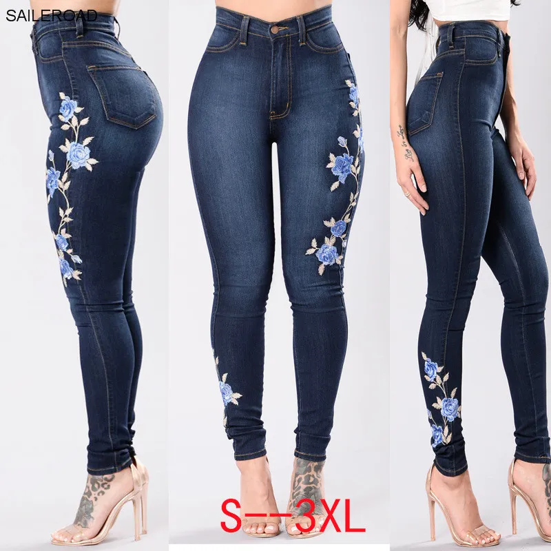 Big Hips High Waist Jeans Skinny Jeans Woman Push Up Vaqueros Mujer  Embroidery Floral Denim Pencil Pants Trousers