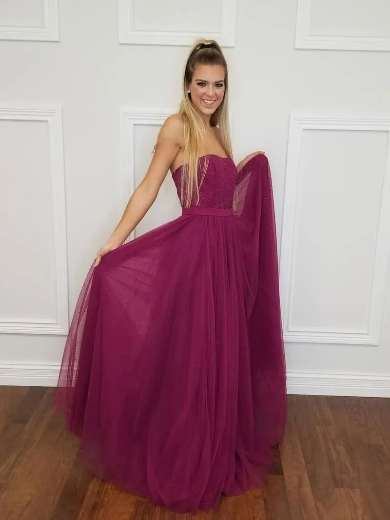 Strapless Burgundy Red Long Prom Dresses Sequins Tulle Ribbon Sash Floor Length Backless Evening Gowns Formal Dresses Zipper Up