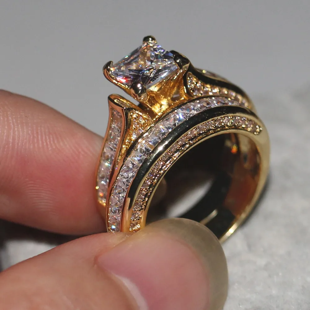 恋人リングプリンセスカット2ct 5aジルコンCZイエローゴールド925スターリングシルバーの婚約ウェディングバンドリングセット女性男性