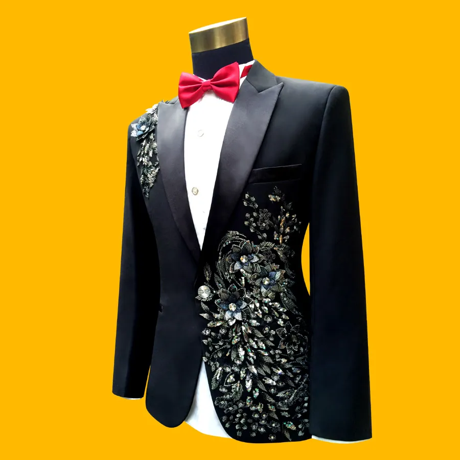 Trajes de hombre con apliques de alta calidad a la moda, lentejuelas brillantes, cristales blancos, Blazers, pantalones, conjunto de fiesta de graduación, traje de cantante, Weddi271E