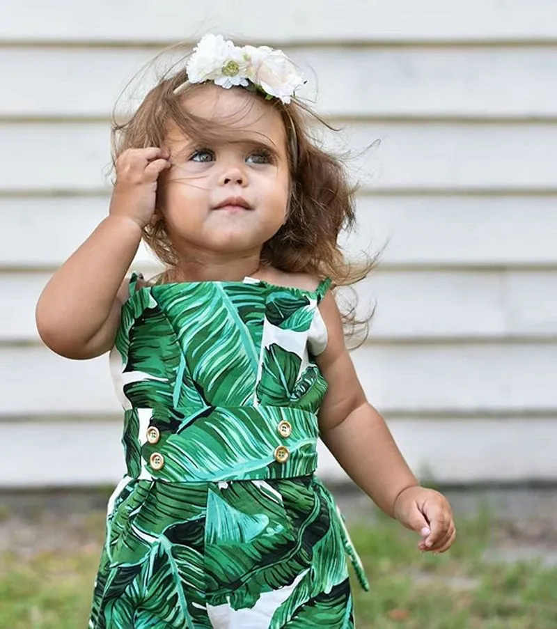 Vestiti bambini Abbigliamento bambini Neonato Pagliaccetti neonati Tuta 2018 Le più nuove ragazze Foglia verde Bretella Pagliaccetto Abiti Tuta Tute neonati