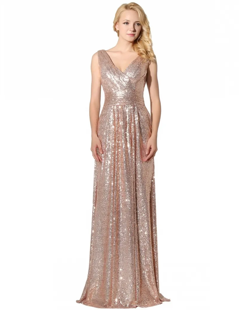 Sexy Gold Sequined blush sequin bridesmaid dresses with V-neck and Pleated Backless - Perfect for Formal Parties, Weddings, and Guests