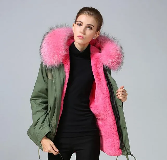Khaki green coat sales with pink fur hood
