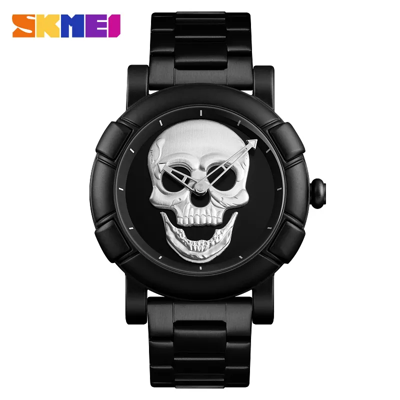 SKMEI Quartz Watch Skull Top Man Rvs Mens Klok Creatieve Speciale Waterdichte Horloge Relogio Masculino