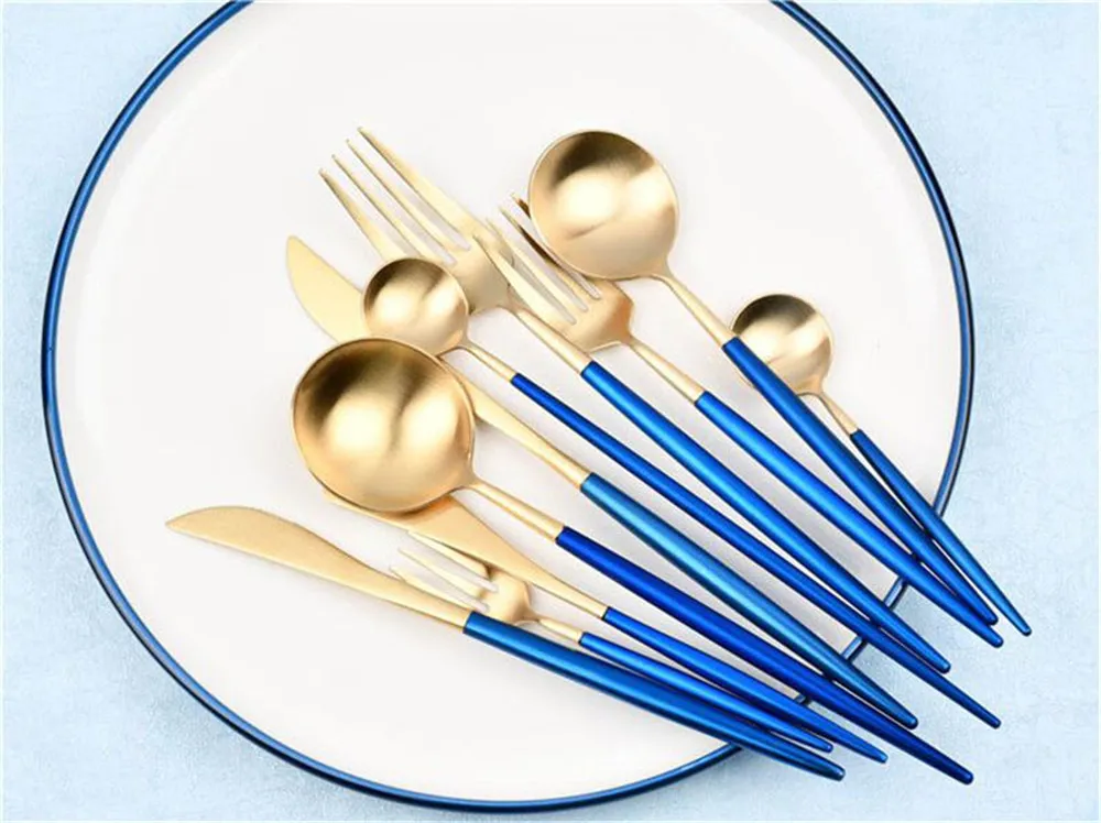 JANKNG 1-Piece Dinnerware Set Blue Gold Dinner Knife Fork Soup Coffee Scoop Tableware Set Mixing Coffee Scoop Tableware Cutlery